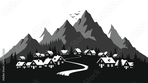 Scenic landscape featuring a village nestled at the foot of majestic mountains