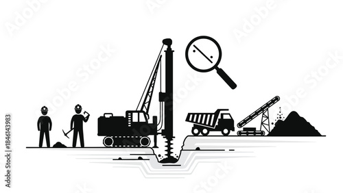 Construction site with drilling rig workers vehicles and safety inspection
