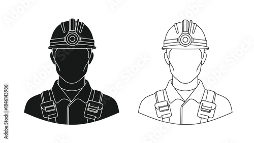 Two depictions of a miner wearing a helmet with a headlamp are shown
