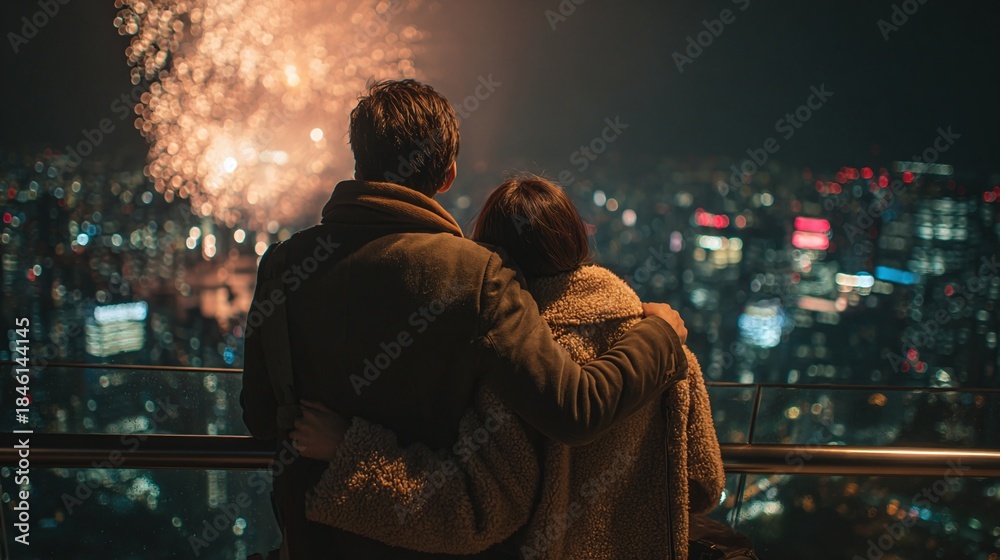 Obraz premium Romantic Couple Watching Fireworks Display Over City Skyline at Night
