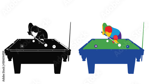 A striking comparison billiard table and player in monochrome and vibrant color