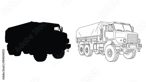 Sketch of a heavy duty truck presented in silhouette and line drawing styles