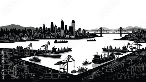 A striking black and white illustration of a bustling harbor cityscape