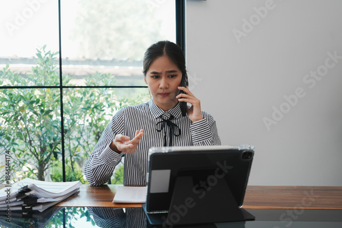 Overjoyed businesswoman happy for successful work.
