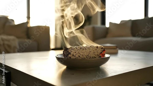 White sage smudge stick burning in ceramic bowl on coffee table releasing smoke trails in sunlit modern living room for spiritual cleansing