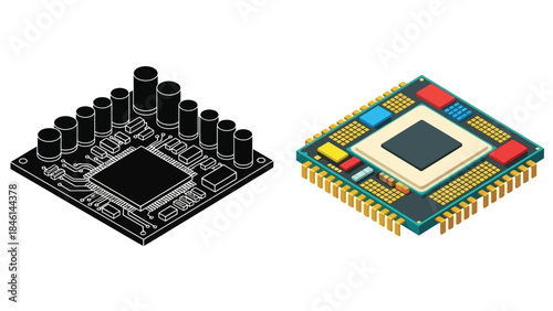 Detailed illustration of a computer processor chip with isometric views