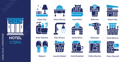 Hotel Icon set. Containing lobby, reservation, booking, guest, traveler and more. Solid vector icons collection. Vector illustration.
