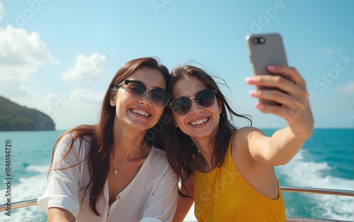 Young Asian woman friends using mobile phone taking selfie together while travel on boat passing island beach lagoon in sunny day. Happy female enjoy and fun outdoor lifestyle on summer vacation trip