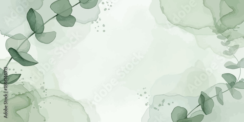 Watercolor background with sage green eucalyptus leaves and organic ink texture border