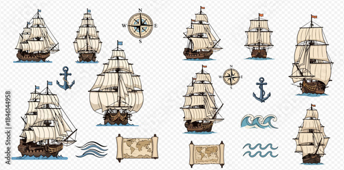 Set of vintage sailing ships, anchors, compasses, waves, and treasure maps on a transparent background.