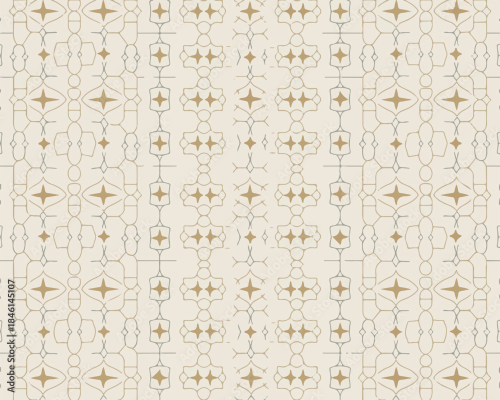 Fototapeta premium Geometric Pattern with Intersecting Lines and Star Shapes in Beige and Gray Keywords: pattern, background, geometric, seamless