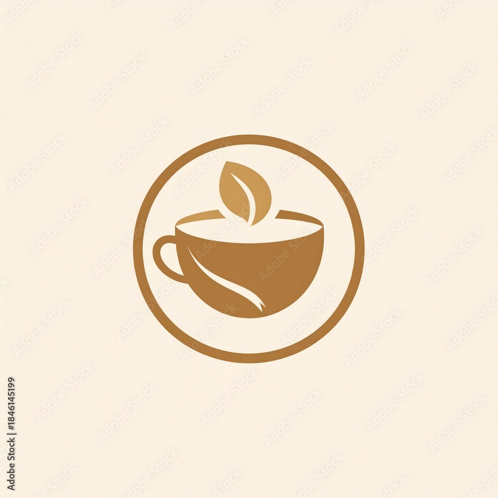 Obraz premium Minimalist logo design featuring a stylized teacup or coffee cup with a fresh, organic leaf accent, elegantly enclosed within a circular frame, symbolizing natural beverages and healthy refreshment