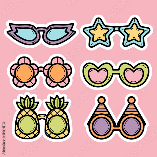Set of cute eyeglasses and sunglasses playful unique party carnival accessory hand drawn colorful illustration sticker collections
