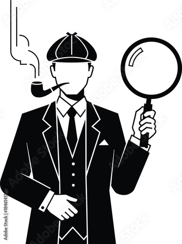 Classic Detective Silhouette with Pipe and Magnifying Glass Isolated on Transparent Background