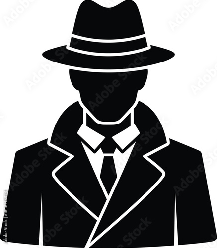 Classic Detective Silhouette Wearing Hat and Suit – Mystery Investigation Icon Isolated on Transparent Background Vector