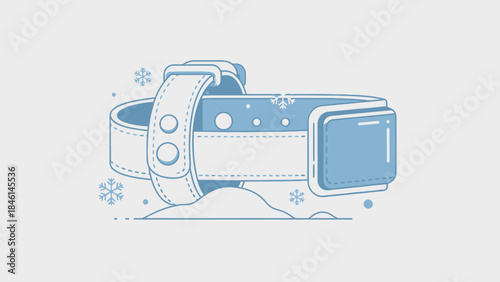 Blue Ski Goggles Lying in Snow with Snowflakes, Winter Sport Line Art Illustration