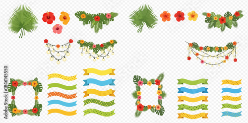 Tropical Flowers and Leaves Garlands, Ribbons, and Frames Set for Festive Decorations.