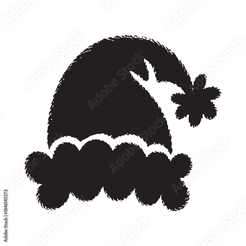 A black silhouette illustration of a festive santa hat with a fluffy brim and pom-pom against a white background