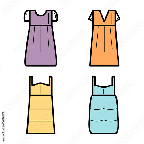 Set of cute long dress design hand drawn colorful illustration collections