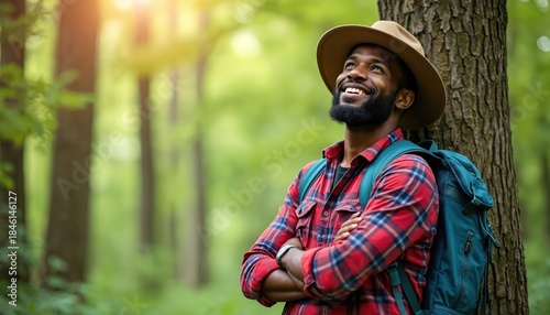 Black man with backpack leans on tree in forest, looks up and smiles. He wears hat and plaid shirt. He is on hiking trip enjoying nature and relaxing. It is autumn season.