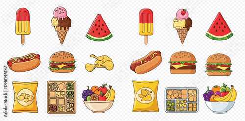 Collection of various food items including ice cream, watermelon, hot dogs, burgers, chips, and fruit bowls.