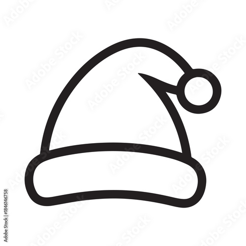 A simple outline drawing of a classic santa hat with a pompom for holiday designs