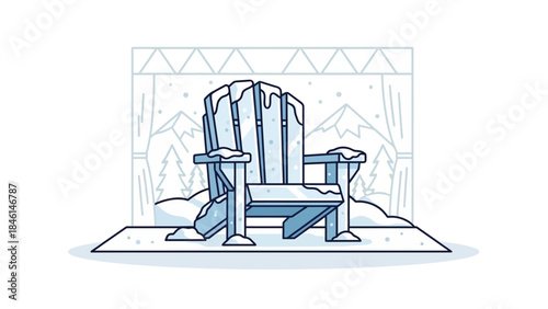 Adirondack Chair Covered in Snow and Ice in Winter Landscape Minimalist Line Art