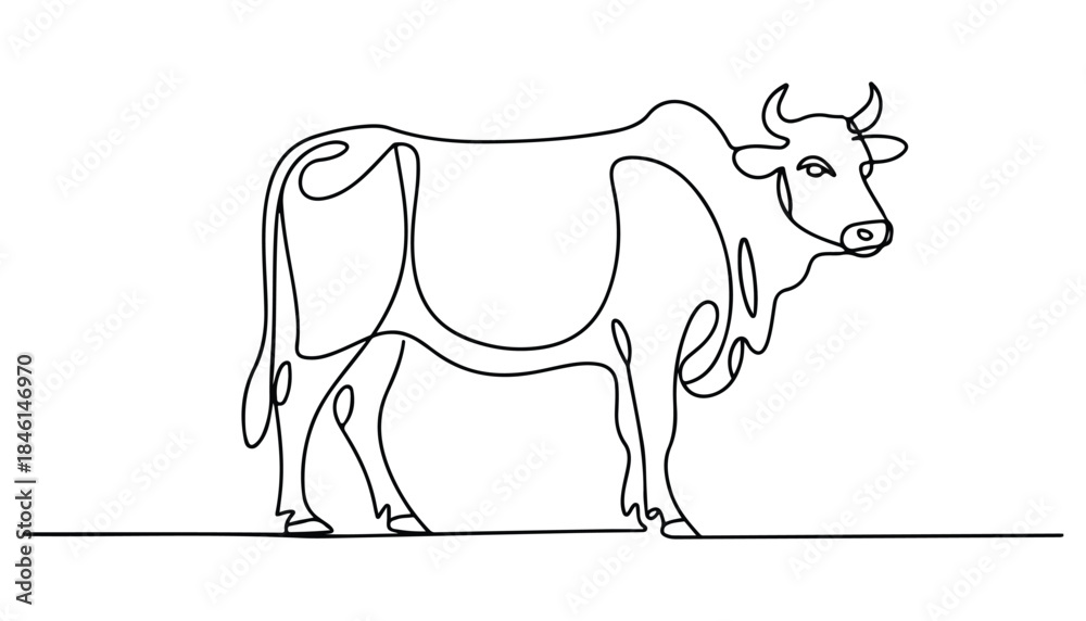Fototapeta premium One continuous line illustration of an Indian cow, isolated on white background.