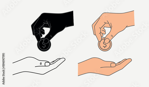 Hands holding and giving coins in different styles