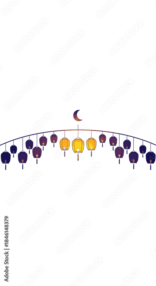 Naklejka premium A beautifully arranged arch of glowing lanterns in warm yellow and deep purple hues, crowned by a serene crescent moon, symbolizing festive Islamic celebrations.