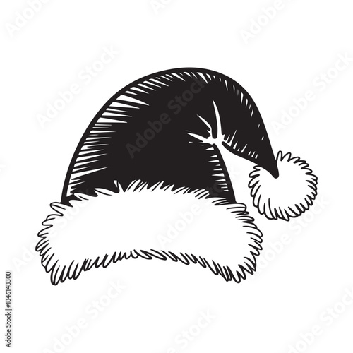 A black and white sketch illustration of a santa claus hat with a pom-pom and fur trim