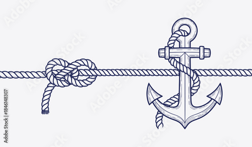Anchor with rope illustration Black and white