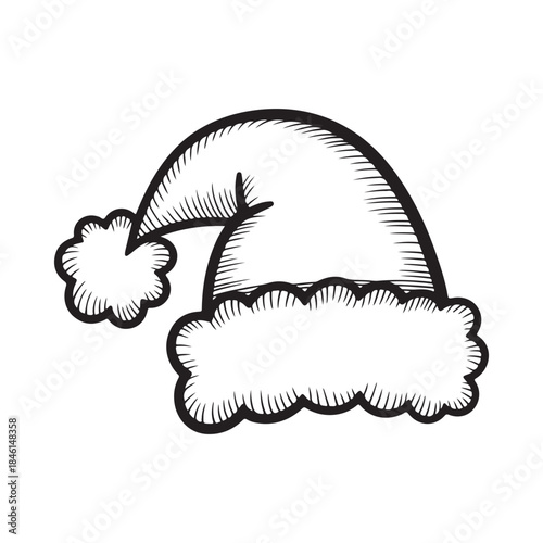 Black and white sketch drawing of a festive santa claus hat with fur trim