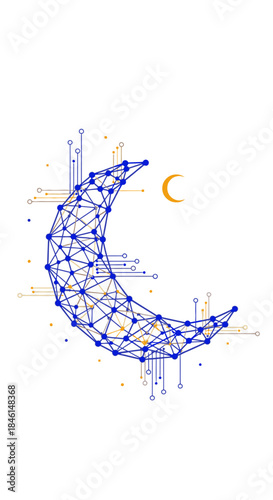 An abstract representation of a crescent moon crafted from a complex network of glowing digital connections, embodying innovation and nocturnal technology.