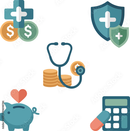 Vector collection of healthcare finance and medical insurance icons depicting cost savings and protection