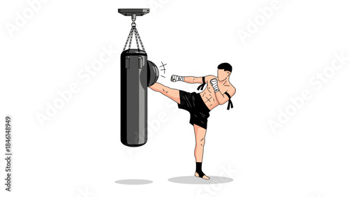 Martial arts athlete delivering strong kick to punching bag during training session
