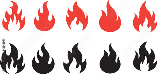 Fire Icon Set with Flame and Bonfire Symbols in Flat Style