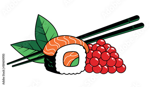 Delicious salmon sushi with chopsticks and wasabi