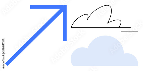 Growth, digital transformation, progress, cloud computing, innovation, abstraction. Blue upward arrow with two abstract cloud shapes. Growth and digital transformation concept