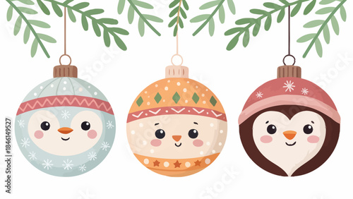 Adorable penguin Christmas ornaments in festive hats hanging from tree