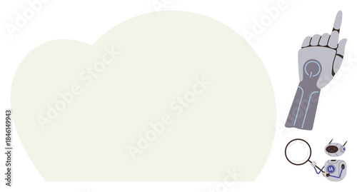 Robotic hand pointing up, AI robot scanning, magnifying glass inspecting. Ideal for technology, AI, innovation, robotics, research analysis automation. Simple flat metaphor of futuristic