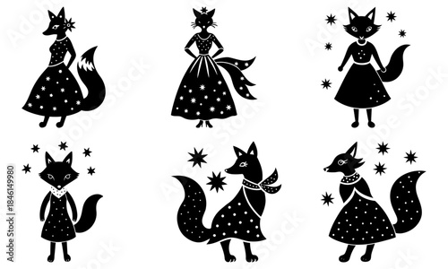Five Stylized Foxes in Starry Outfits on White Background silhouette black