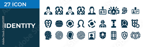 Collection of 27 dark blue identity and security icons on white background profile user