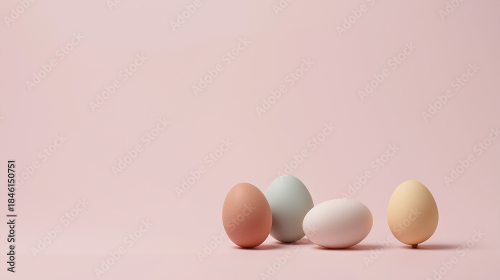 Fototapeta premium Four colorful pastel eggs on a pink background suitable for easter, spring, food, holiday, celebration, and festive designs and projects.