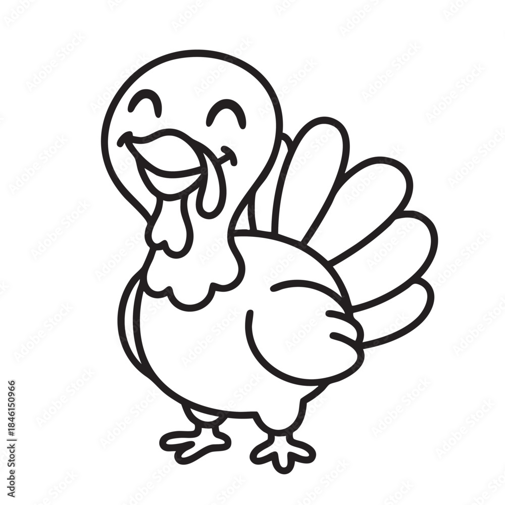 Fototapeta premium A charming black and white outline illustration of a cheerful cartoon turkey with spread feathers