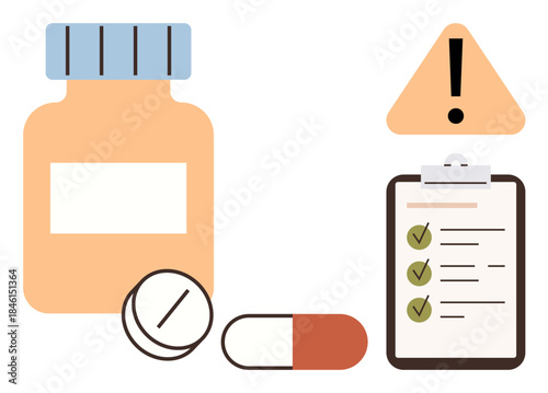 Medicine bottle, pills, warning sign, and clipboard with checklist signify medical safety and prescription guidelines. Ideal for healthcare, pharmacy, compliance, caution, patient care education