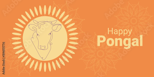 Happy Pongal banner. Line art of a cow and sun. Poster for the Indiana harvest festival. Vector.