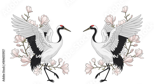 Symmetrical design of two beautiful Japanese cranes with spread wings surrounded by delicate pink magnolia flowers on a white background.