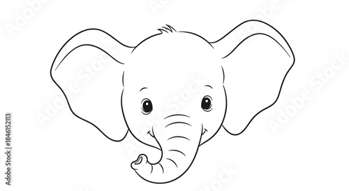 Simple and charming line art drawing of a cute baby elephant's head with big eyes, suitable for a coloring book or nursery decor.