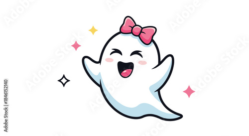 Adorable and cheerful kawaii girl ghost character with a pink bow, laughing happily and surrounded by colorful sparkles.